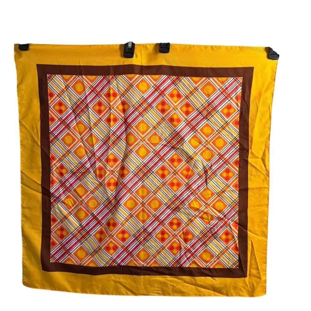 Vintage 1970s Paris Yellow Orange and Brown Geometric Plaid Polyester Scarf